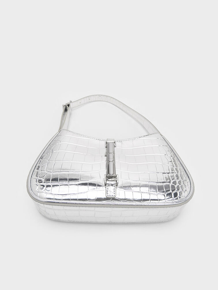 حقيبة كتف سيزيا بنقشة جلد التمساح ولمسات معدنية لامعة, فضي, hi-res