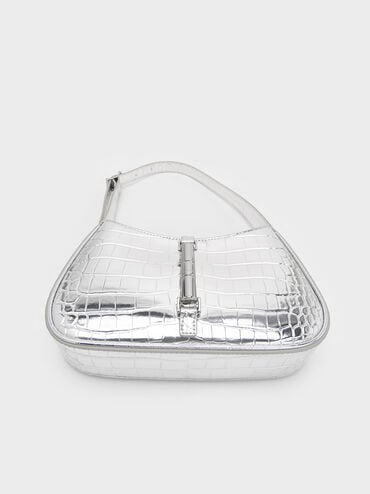 حقيبة كتف سيزيا بنقشة جلد التمساح ولمسات معدنية لامعة, فضي, hi-res