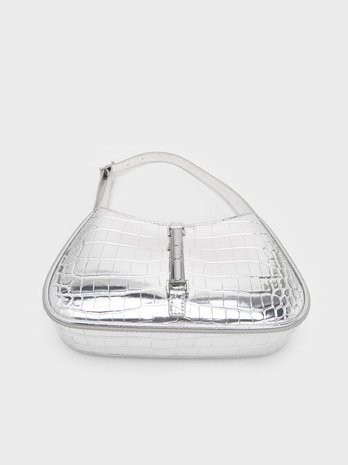 Cesia Croc-Effect Metallic-Accent Shoulder Bag, Silver, hi-res