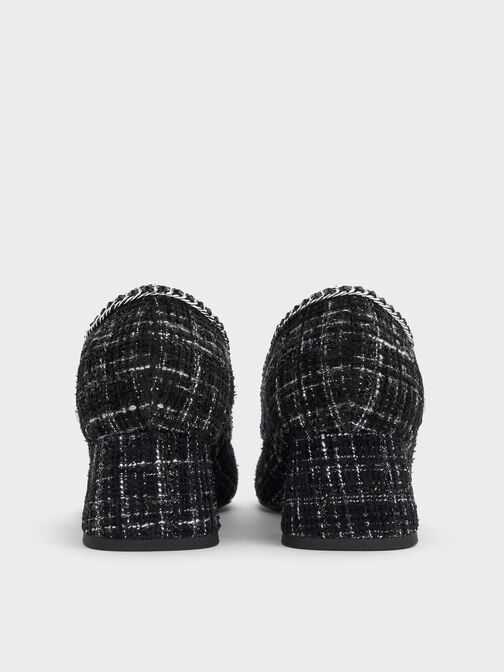 Tweed Braided-Chain Block-Heel Mary Jane Pumps, Black Textured, hi-res