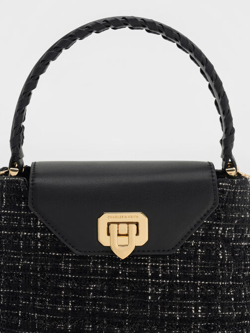Arwen Tweed Quilted Braided-Strap Top Handle Bag, Black Tweed, hi-res