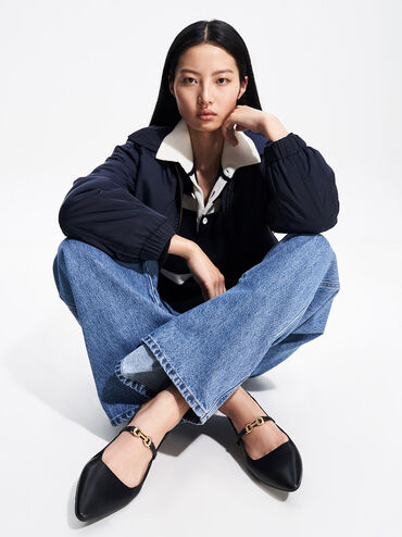 حذاء تريفينا بدون كعب مفتوح من الخلف بمقدمة مدببة ومظهر معدني, أسود, hi-res