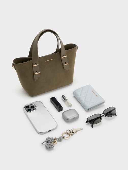 حقيبة توت شانيا صغيرة بمقبض مزدوج من الجلد السويدي الصناعي المعاد تدويره, زيتي غامق, hi-res