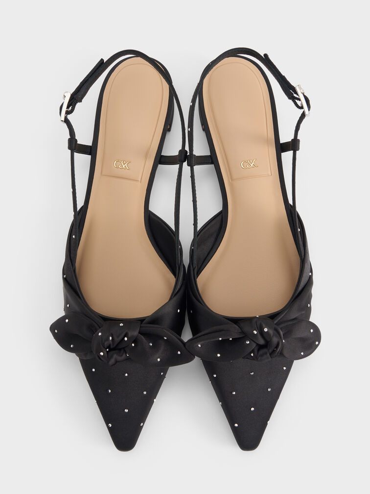 Jayce Dotteed Knot-Bow Slingback Flats, Black Textured, hi-res