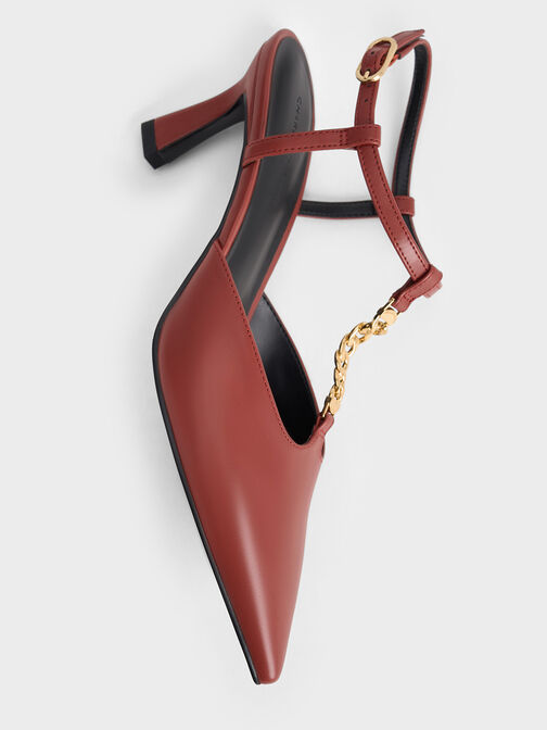 حذاء بتصميم تي بار مزين بسلسلة ومقدمة مدببة أنيقة, أحمر, hi-res