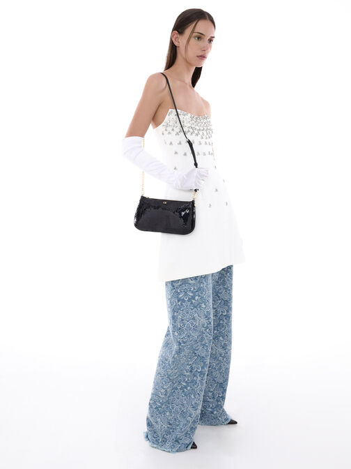 حقيبة كتف من الجلد والشبك مرصعة بالترتر, أسود, hi-res