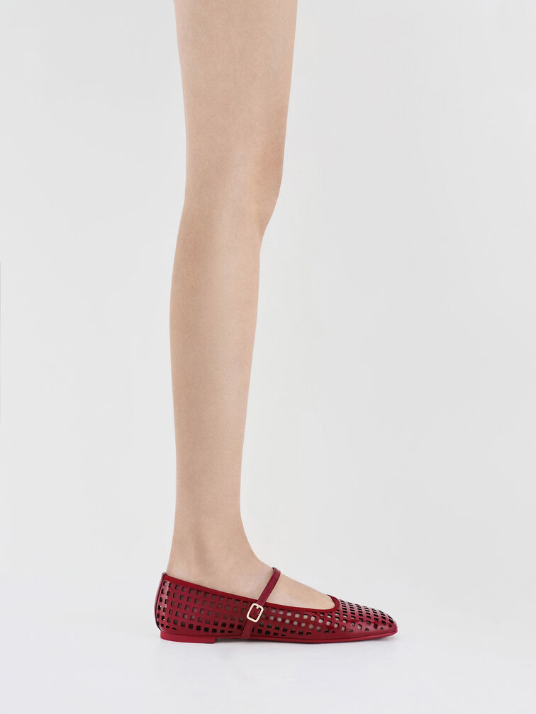 Patent Perforated Mary Jane Flats, Red, hi-res