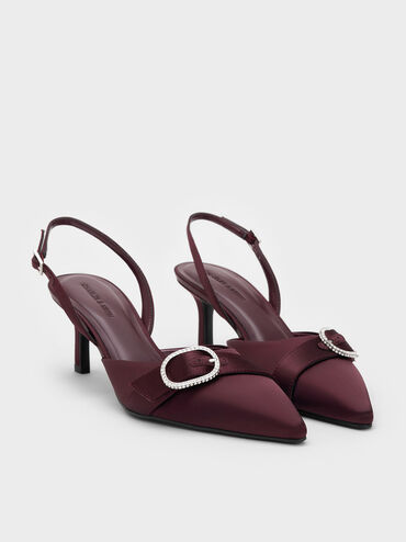 حذاء جاني من البوليستر المعاد تدويره بكعب عالٍ وتصميم مفتوح من الخلف وحزام كاحل مزين بالكريستال, برغندي, hi-res