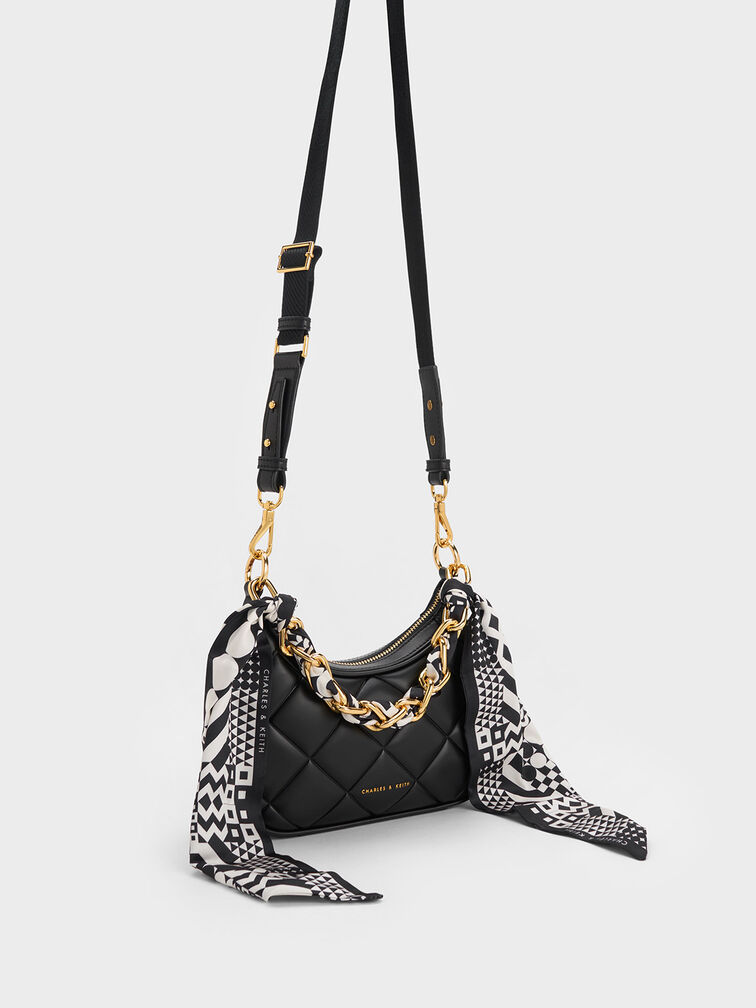 حقيبة ألكوت الصغيرة المبطّنة بمقبض مزيّن بوشاح, أسود, hi-res