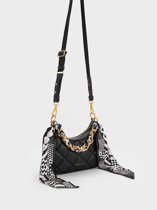 حقيبة ألكوت الصغيرة المبطّنة بمقبض مزيّن بوشاح, أسود, hi-res