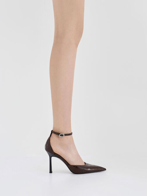 Croc-Effect Pointed-Toe Ankle-Strap D'Orsay Pumps, Animal Print Brown, hi-res
