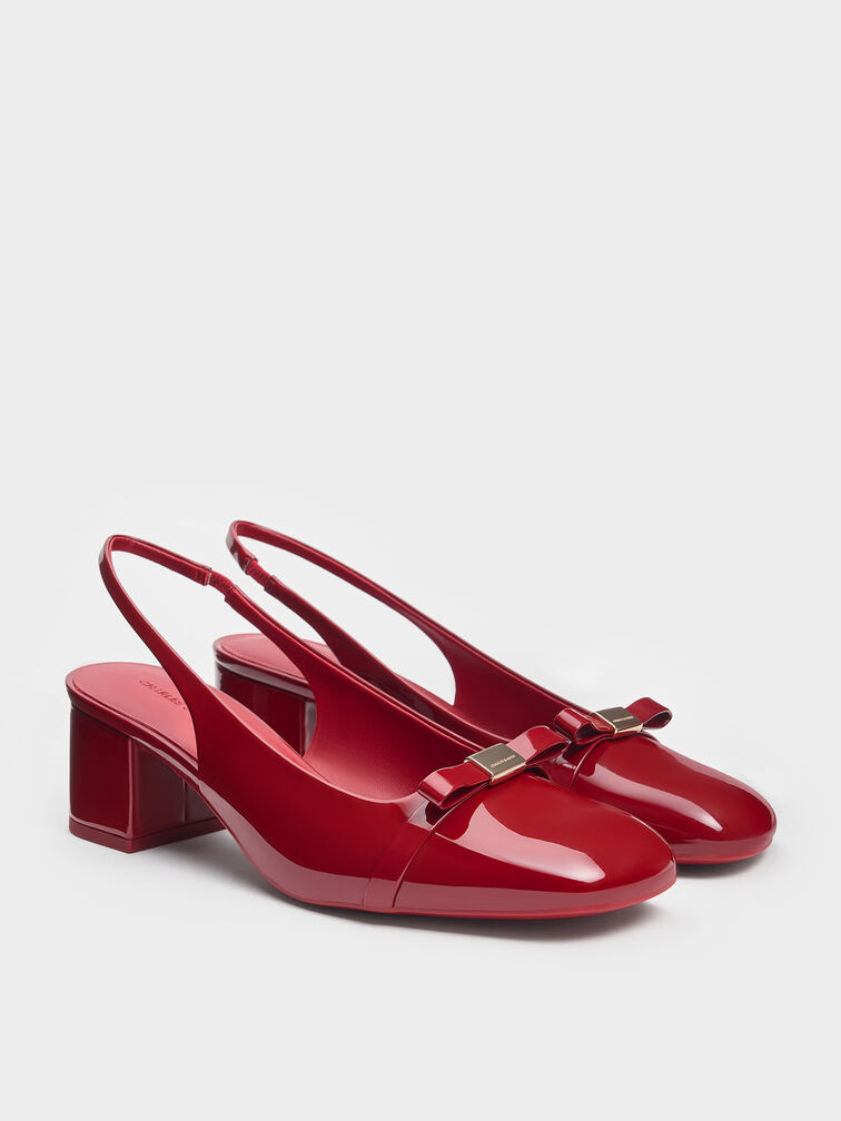 Dorian Patent Bow Block-Heel Slingback Pumps, Red, hi-res