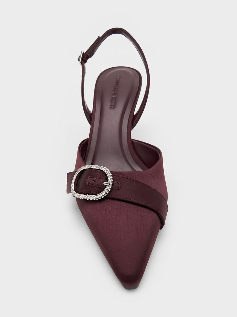 حذاء جاني من البوليستر المعاد تدويره بكعب عالٍ وتصميم مفتوح من الخلف وحزام كاحل مزين بالكريستال, برغندي, hi-res