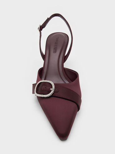 حذاء جاني من البوليستر المعاد تدويره بكعب عالٍ وتصميم مفتوح من الخلف وحزام كاحل مزين بالكريستال, برغندي, hi-res