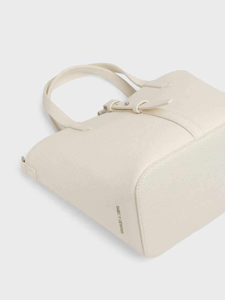 Beryl Recycled Leather Double-Handle Belted Bucket Bag, Cream, hi-res