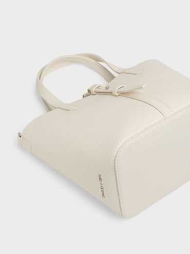 Beryl Recycled Leather Double-Handle Belted Bucket Bag, Cream, hi-res