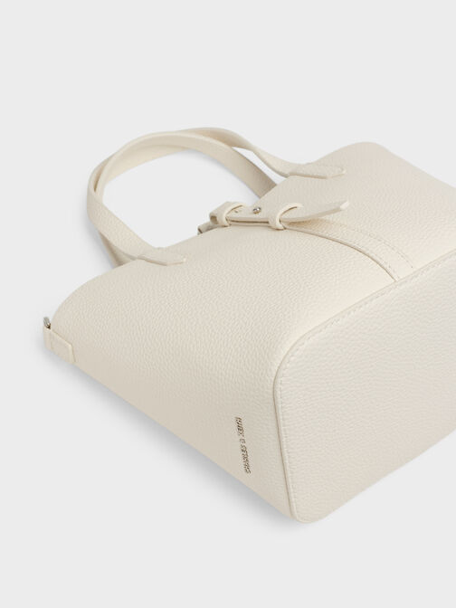 Beryl Recycled Leather Double-Handle Belted Bucket Bag, Cream, hi-res