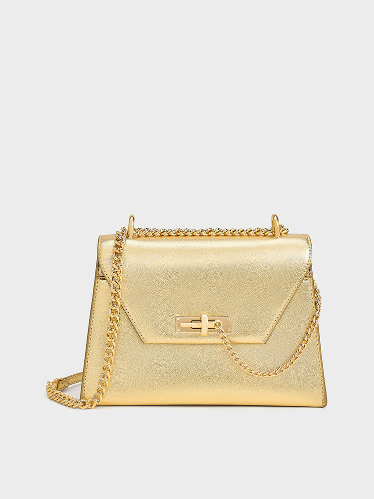 Samantha Metallic Envelope Chain-Handle Bag, Gold, hi-res