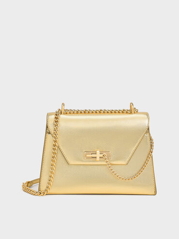 Samantha Metallic Envelope Chain-Handle Bag, Gold, hi-res