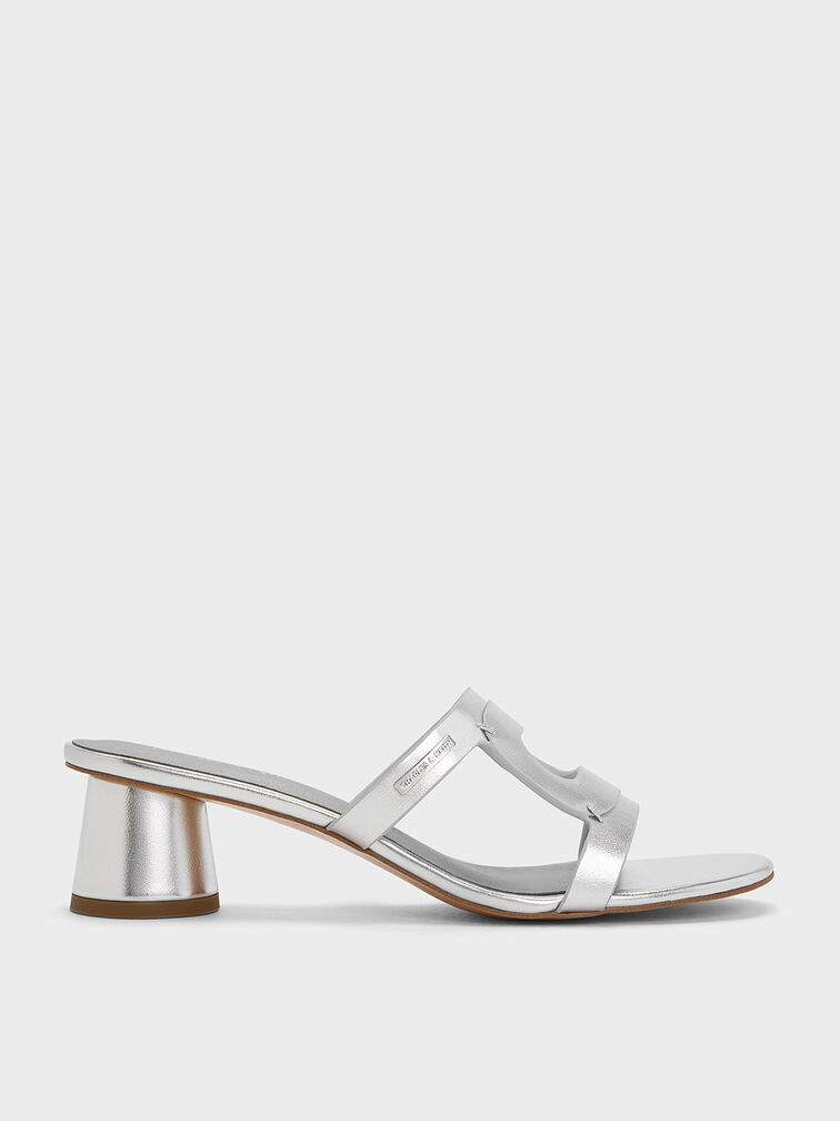 Easley Metallic Cut-Out Cylinder-Heel Mules, Silver, hi-res