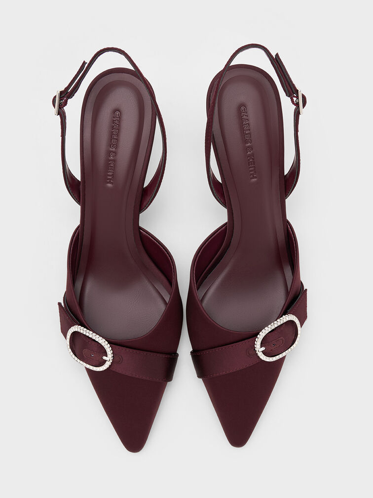 حذاء جاني من البوليستر المعاد تدويره بكعب عالٍ وتصميم مفتوح من الخلف وحزام كاحل مزين بالكريستال, برغندي, hi-res