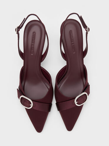 حذاء جاني من البوليستر المعاد تدويره بكعب عالٍ وتصميم مفتوح من الخلف وحزام كاحل مزين بالكريستال, برغندي, hi-res