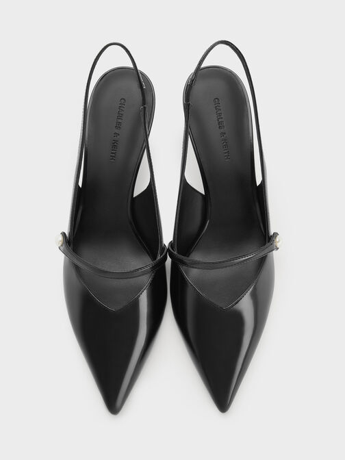 Helena Pearl-Buckle Slingback Kitten Heels, Black Boxed, hi-res