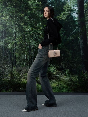 حقيبة ساتان بحزام ومقبض سلسلة وإبزيم كريستالي, نود خوخي دافئ, hi-res