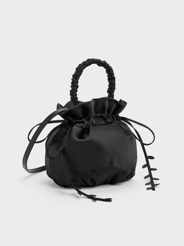 حقيبة دلو من الساتان بنقشة الزهور والكرمة من مابيل, أسود كلاسيكي, hi-res