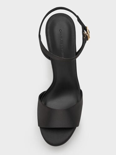 Satin Block-Heel Platform Sandals, Black Textured, hi-res