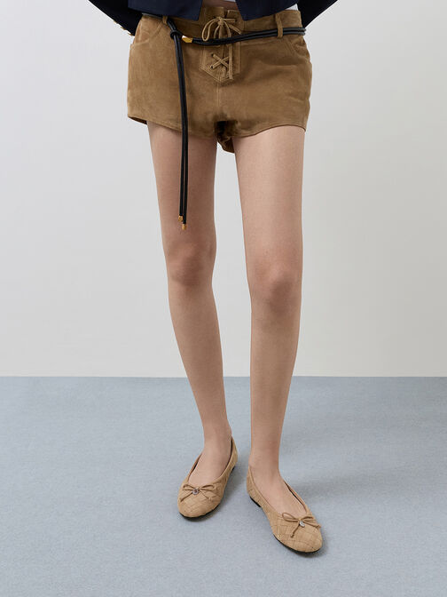 حذاء باليه إيڤيت مسطح منسوج من الشمواه ومزين بفيونكة, رملي, hi-res