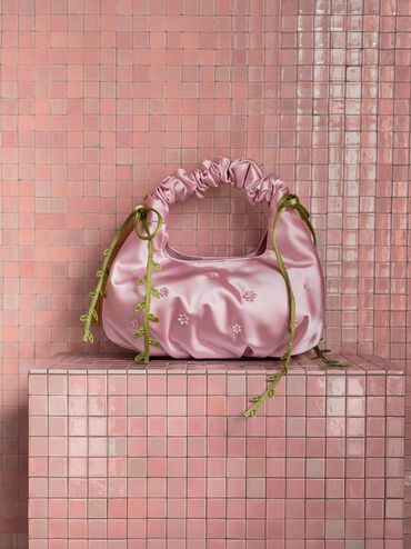 حقيبة مابيل ساتان بنقشة الزهور والكروم, وردي, hi-res