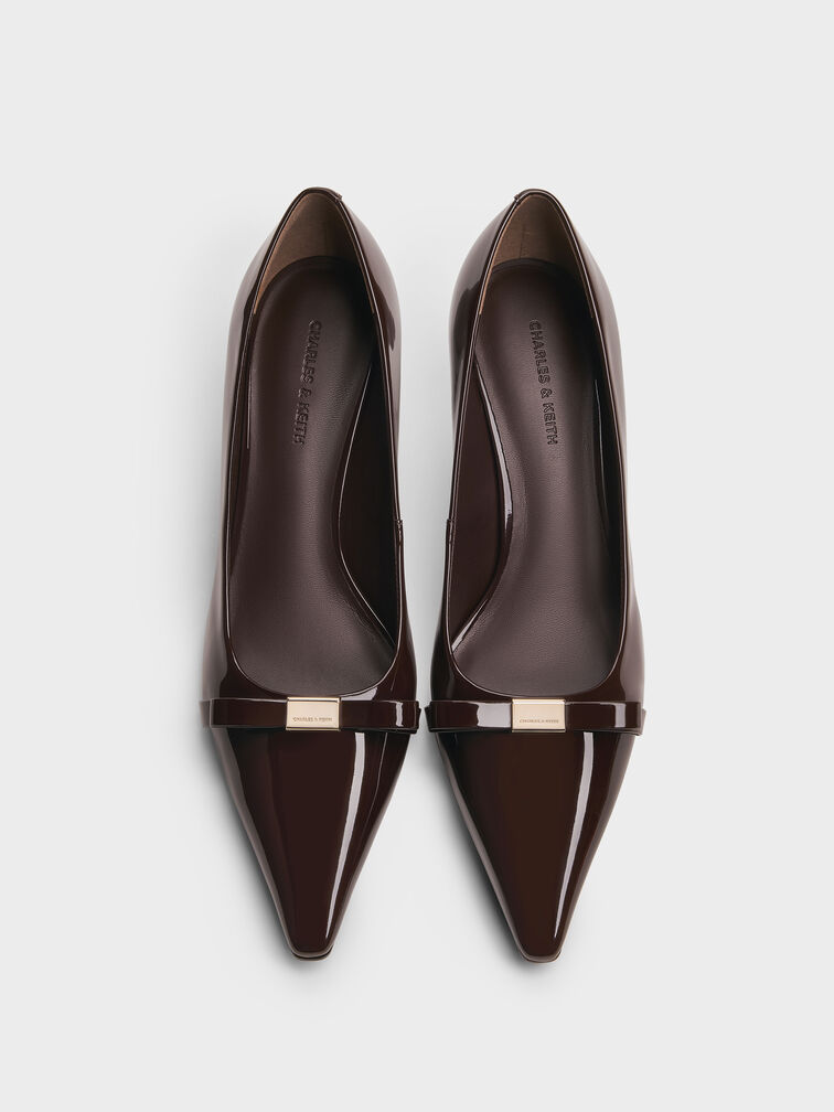 Dorian Patent Bow Pointed-Toe Stiletto-Heel Pumps, Dark Brown, hi-res