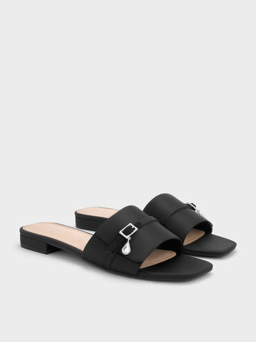 Satin Teardrop-Crystal Buckle-Strap Slide Sandals, Black Textured, hi-res