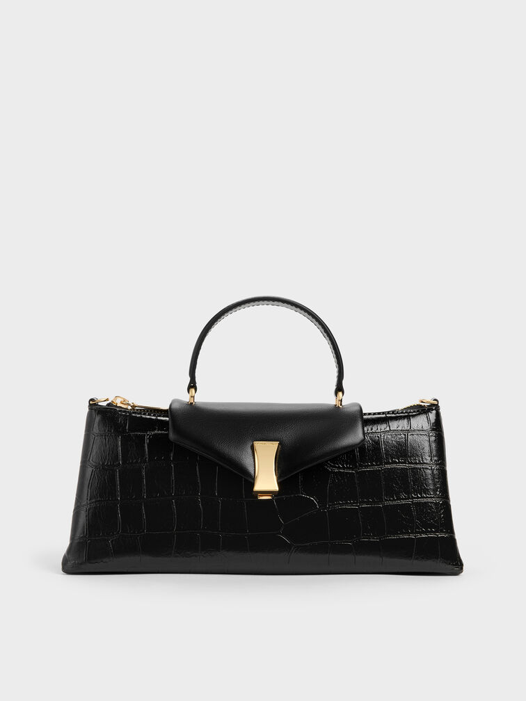 Lilibet Croc-Effect Elongated Top Handle Bag, Black, hi-res