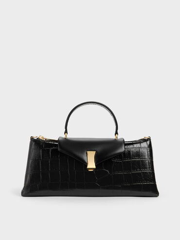 Lilibet Croc-Effect Elongated Top Handle Bag, Black, hi-res