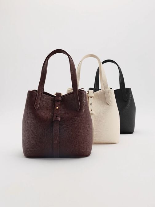 Beryl Recycled Leather Double-Handle Belted Bucket Bag, Cream, hi-res