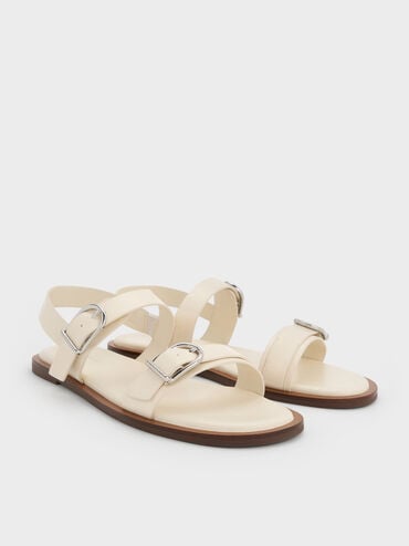 Double Buckle-Strap Slingback Sandals, Cream, hi-res