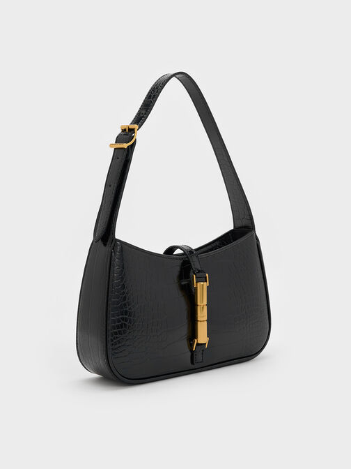 Cesia Croc-Effect Metallic-Accent Shoulder Bag, Black, hi-res