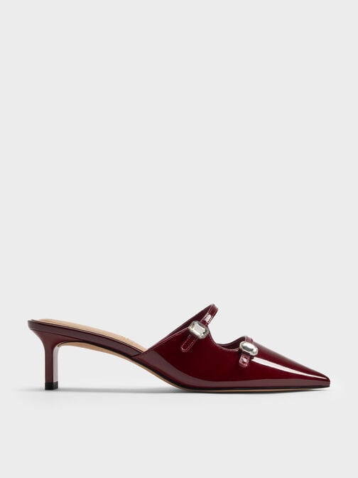 حذاء ميول من الجلد اللامع بكعب ومقدمة مدببة بمشبك مرصع بحجر, برغندي, hi-res