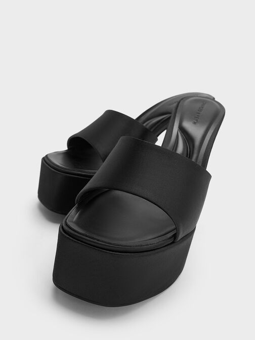 صندل مولز بكعب عالٍ ونعل سميك من الساتان, أسود خشن, hi-res