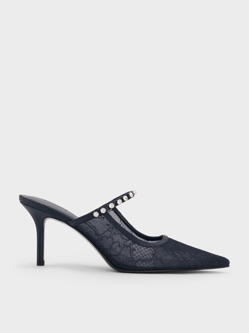 حذاء بكعب مرتفع مفتوح من الخلف (مولز) من الدانتيل والساتان  مطعم بالكريستال, أزرق داكن, hi-res