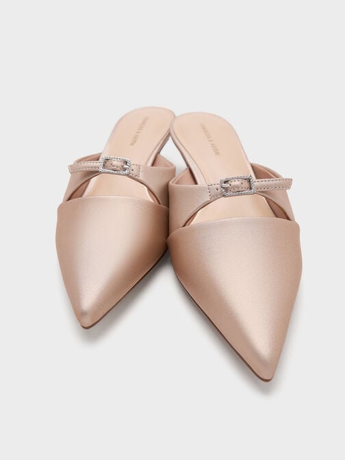 Crystal-Buckle Pointed-Toe Kitten-Heel Mules, Nude, hi-res
