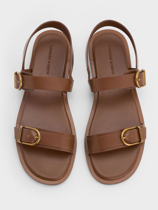 Double Buckle-Strap Slingback Sandals, Brown, hi-res