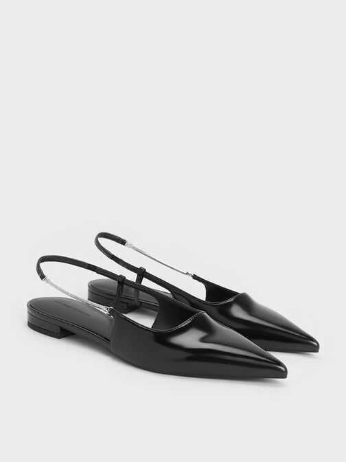 Chain-Strap Pointed-Toe Slingback Flats, Black Boxed, hi-res