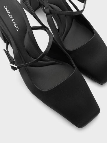 Recycled Polyester Square-Toe Mary Jane Slingback Pumps, Black Textured, hi-res