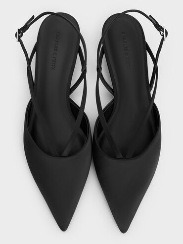 حذاء من الساتان مفتوح من الخلف بكعب كيتن ومقدمة مدببة وحزام أمامي على شكل V, أسود خشن, hi-res