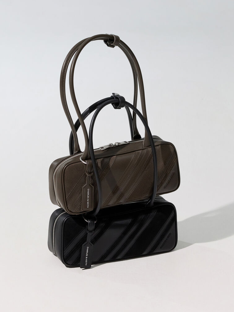 حقيبة كتف زيا مخططة من الشمواه المعاد تدويره, أسود كلاسيكي, hi-res