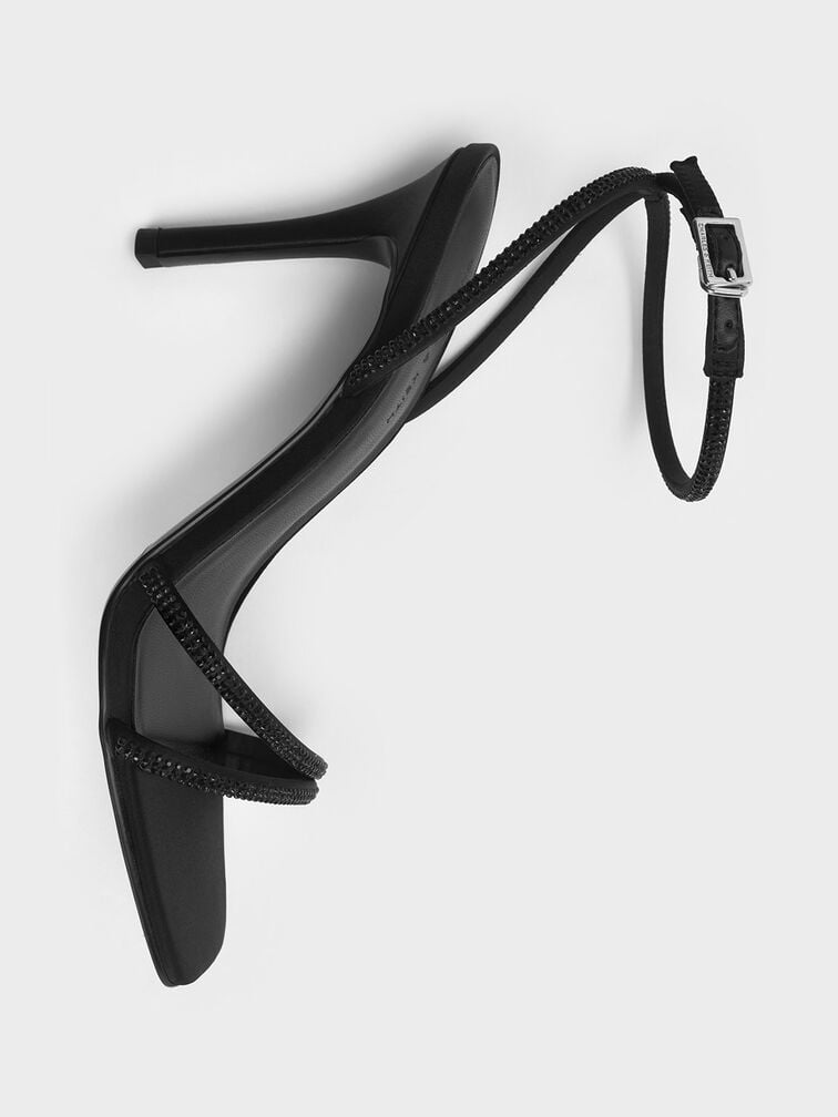 Satin Crystal-Embellished Asymmetric Heeled Sandals, Black Textured, hi-res