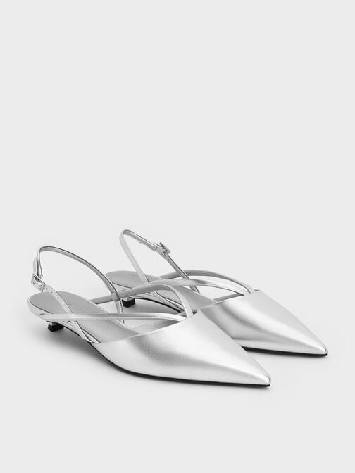 حذاء مفتوح من الخلف بكعب كيتن ومقدمة مدببة ومظهر معدني وحزام أمامي على شكل V, فضي, hi-res